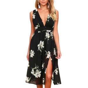 Lulu's Queen Of Hearts Black Floral Print Midi Dress MED Plunging Neckline